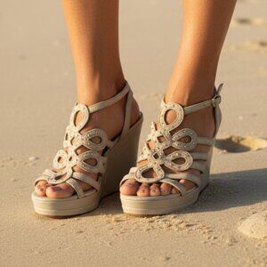 Sassy! White House Black Market Patent Wedge Sandals — Nude Tone